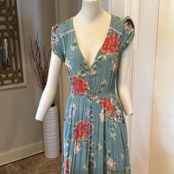 JAASE Maxi Dress Smocked Waist Green Floral Size Large BOHO Cottage Core Indiana - Picture 5 of 6